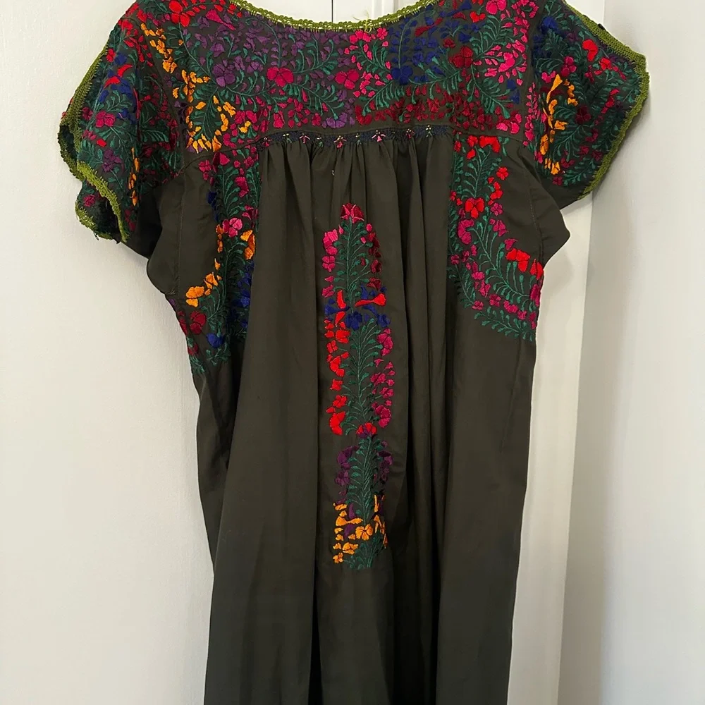 Colorful Mexican Embroidered Maxi Dress Olive Green - Picture 1 of 5